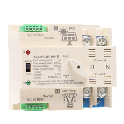 AC220V PV 태양 딘 레일 2P 63A ATS 이중 전원 자동 전송 스위치